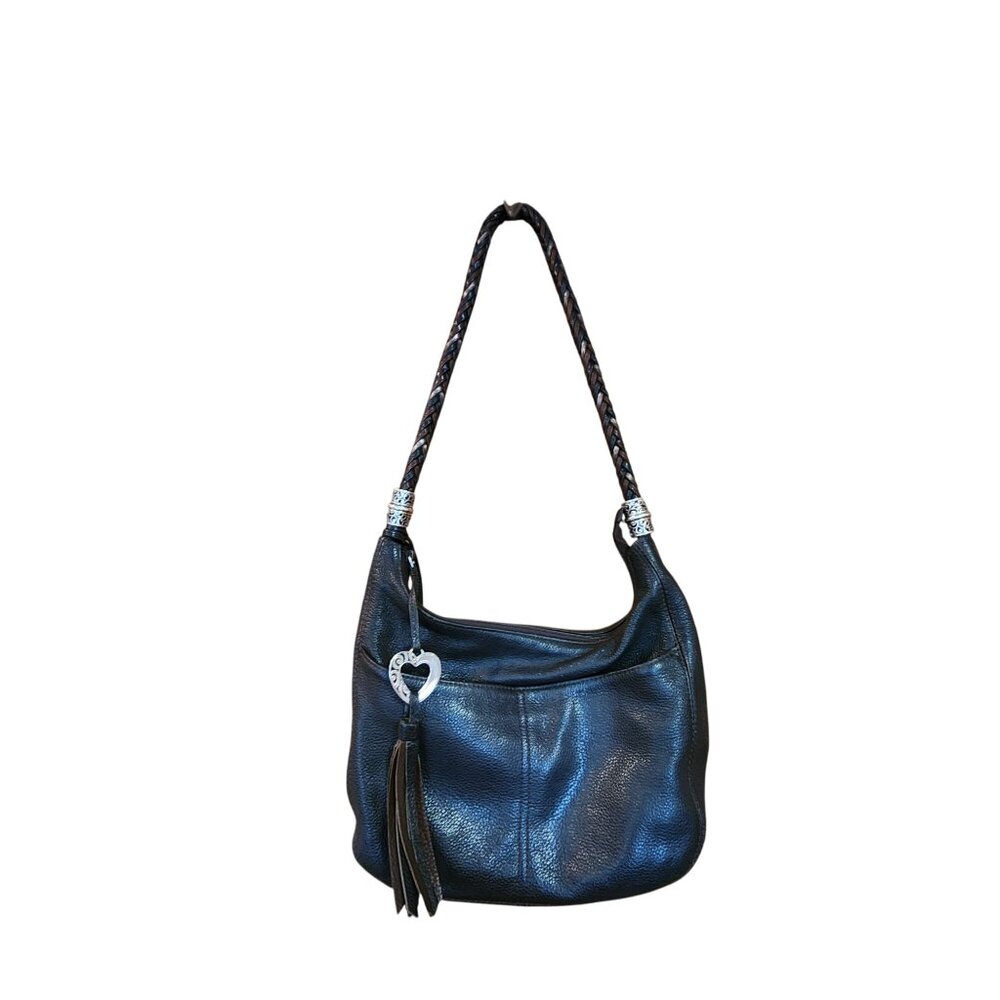 BRIGHTON Barbados Brown Pebbled Leather Hobo Shoulder Bag With Braided Handle